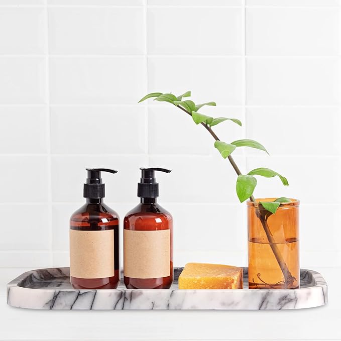 Marble Bathroom Vanity Tray, Natural Marble Home Kitchen Table Tray, Stone Decorative Countertop Serving Organizer for Dresser Coffee Perfume Jewelry Makeup (1, Lilac L, 12 * 8 * 0.8)