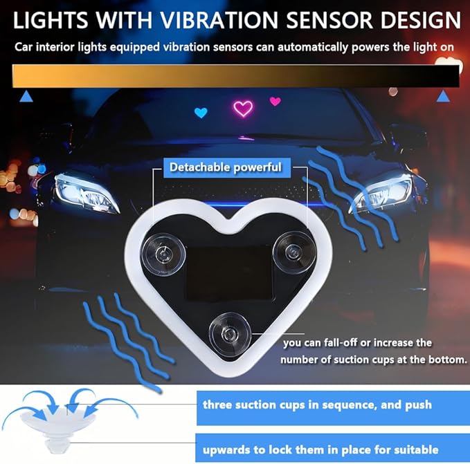 2Pcs Solar Powered Heart Light for Car, 2pcs LED Wireless Ambient Lamp with 6 Modes & Vibration Sensor Can Automatically Power the Light On, Romantic Ambient Gift for Couples (Ice Blue)