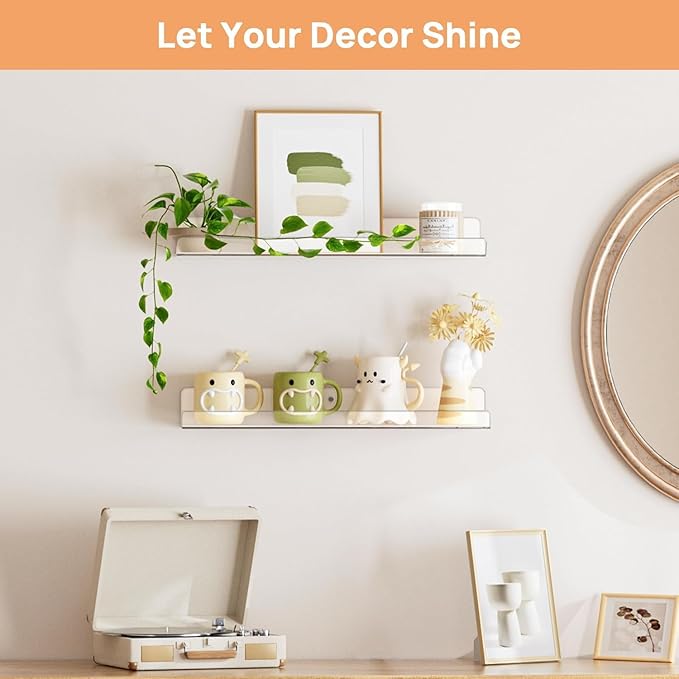 Acrylic Shelves for Bathroom Storage, 15" Floating Shelves Wall Organizer for Perfume, Make up, Skincare, Kids Bookshelf for Bedroom, Nursery, Living Room Decor, Clear 2 Pack