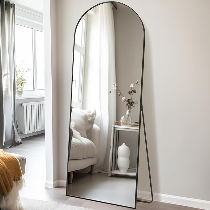 Dewfig Arched Full Length Mirror, 64"x21" Gold Mirror with Stand, Full Body Mirrors for Leaning Against or Wall Mounted, Large Floor Mirrors for Bedroom, Living Room, Black