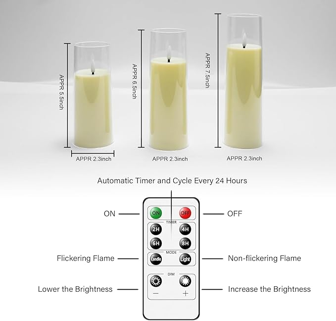 kakoya Flickering Flameless Candles Battery Operated with Remote and 2/4/6/8 H Timer Plexiglass Led Pillar Candles Pack of 9(D2.3 xH5.5 6.5" 7.5") with Realistic 3D Wick Candles for Home Decor(Ivory)