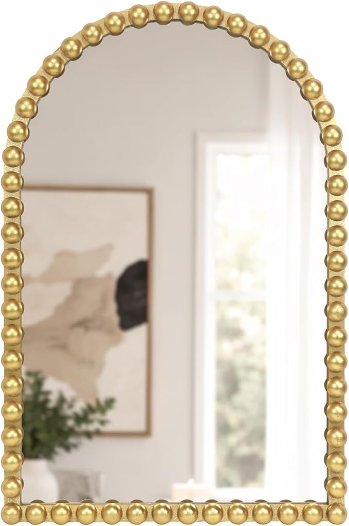 Gold Beaded Arched Wall Mirror 24x36 Inch, Vintage Decorative Arch Mirror with Beaded Frame, Accent Mirror for Entryway, Bathroom, Living Room, Bedroom, Fireplace