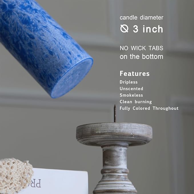 MOZEAL Hand-Poured, Unscented Blue Crystal Pillar Decorative Candles, Elegant Set of 3 in Different Sizes (3"x4", 3"x5", 3"x6"), Luxurious Décor for Homes & Events