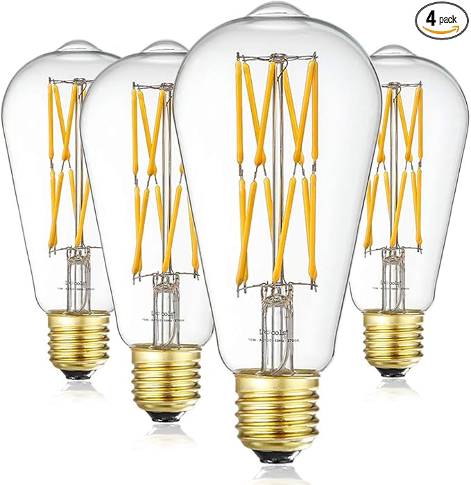 Leools Vintage 10W LED Edison Bulb Dimmable, 100W Equivalent Antique Style Filament Light Bulbs, Clear Glass, Warm White 2700K, 1200LM, E26 Base, Decorative, 360 Degrees Beam Angle, Pack of 4.