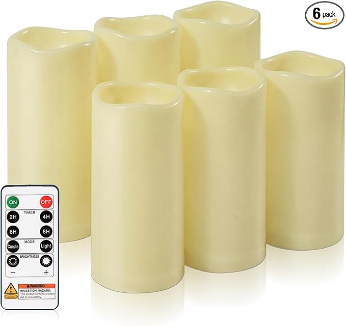 Homemory 3" x 6" Waterproof Flameless Candles, Outdoor Indoor Battery Operated LED Pillar Candles with Remote Control and Timer, Plastic, Long Lasting, Set of 6