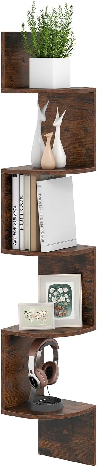Giantex Corner Shelf Wall Mounted, 5-Tier Floating Corner Bookshelf, Home Storage Organizer, Wooden Display Stand Rack for Wall, Plant Shelf for Living Room, Bedroom, Kitchen (1,Rustic Brown)