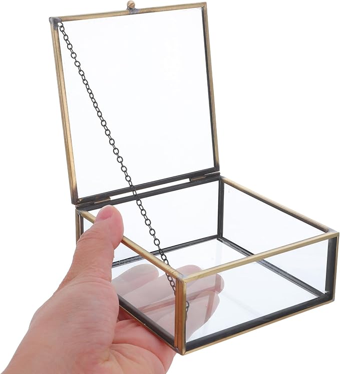 Totority Vintage Glass Jewelry Box with Alloy Frame, Retro Trinket Organizer for Perfume and Makeup Storage, Dustproof Display Case for Home Vanity and Desktop