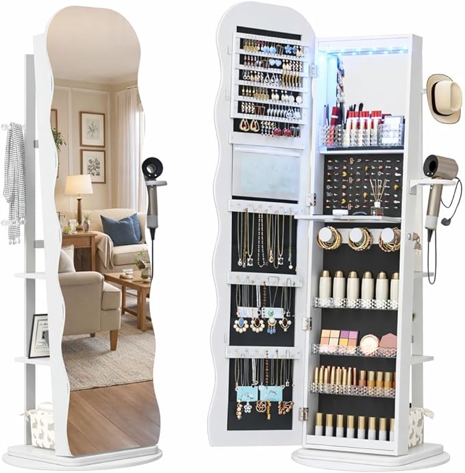 Vlsrka 360° Swivel Jewelry Aromire with Wavy Mirror, Lockable Jewelry Organizer Mirror Full Length, Rotatable Standing Mirror with Storage, Jewelry Cabinet, Interior Mirror, Flodable Shef (White)
