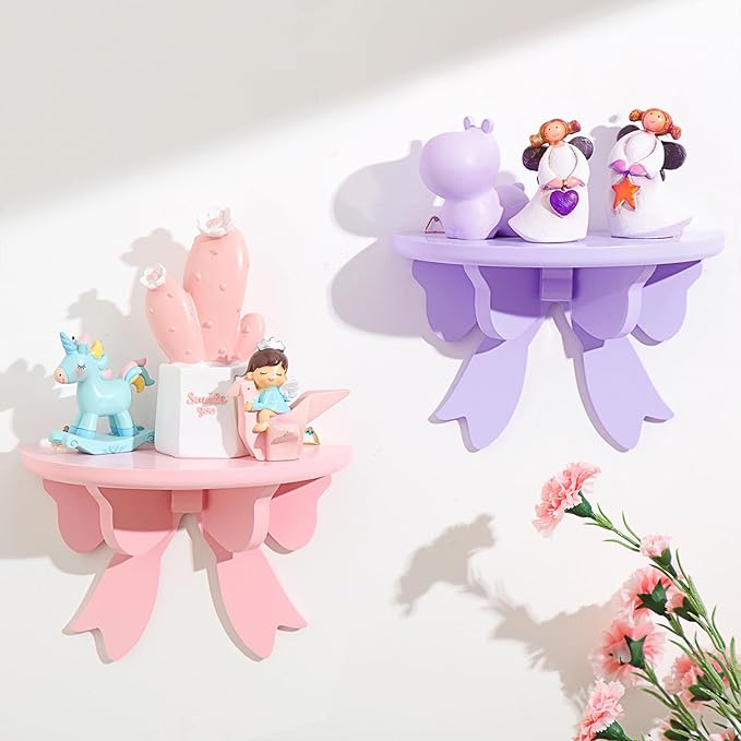 Pinkunn 2 Pcs Bow Floating Shelves Kawaii Shelf Book Stand Farmhouse Rustic Corner Wall Shelf Wooden Bow Tie Rack Princess Room Decor for Nursery Home Bedroom Office Wall Decor(Pink,Purple)