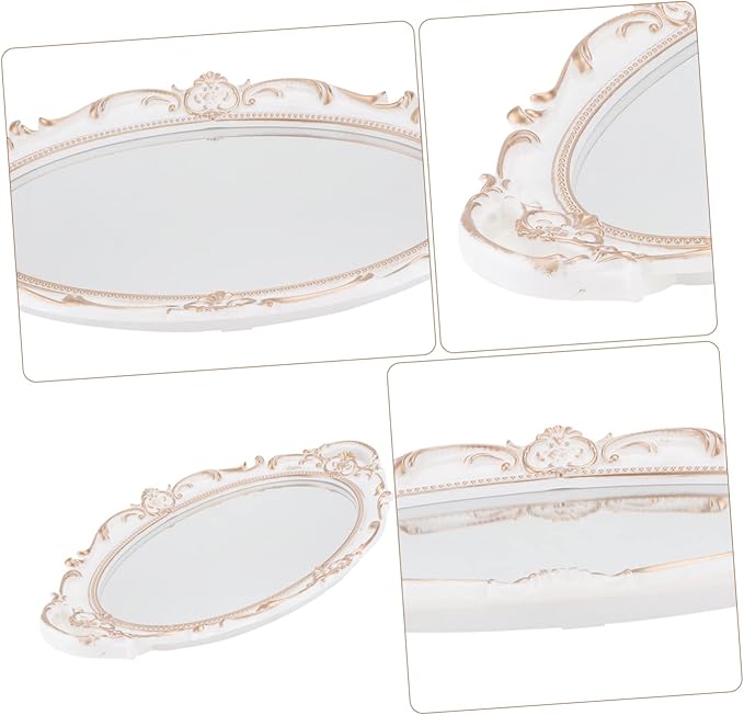 Lurrose Oval Vintage Decorative Mirror Tray with Plastic Frame and Handles Elegant French Style Makeup and Jewelry Organizer Serving Tray for Living Bathroom Shop and Party Decor