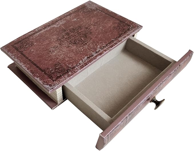 Book Storage Box with Drawer, Distressed Reddish Brown Faux Leather Cover with Classic Damask Pattern, Hidden Vintage-Style Organizer for Jewelry or Keepsakes, 11.8″ x 8.7″ x 2.4″