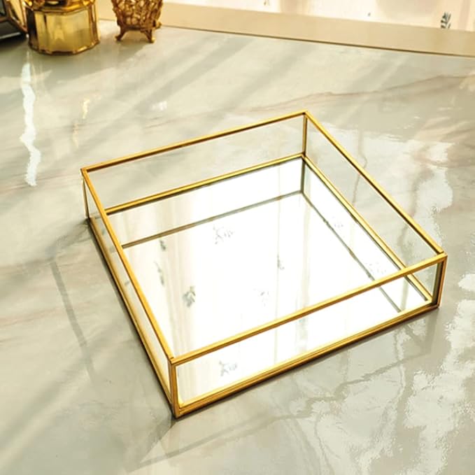Square Vintage Gold Mirror Glass Vanity Tray,Ornate Geometric and Brass Plated Display Storage Organizer for Makeup Brushes/Lipstick/Skincare/Perfumes/Beauty Room/Bathroom Accessories