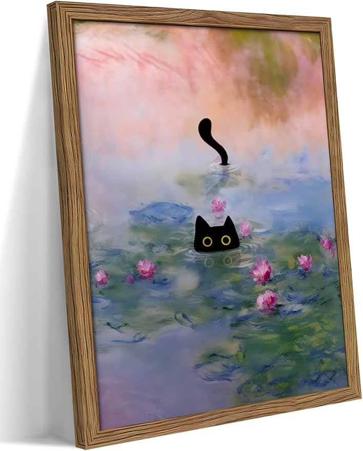 Vintage Framed Cat Canvas Wall Art Monet Print, Funny Black Cat in Water Lilies Poster, Monet Office Wall Decor, Floral Oil Painting Picture Artwork for Living Room Bathroom Aesthetic – 12x16 inch