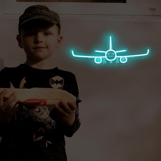 Airplane Neon Sign, Handmade LED Light, Airplane Wall Decort, Gifts for Pilot, Aviation Lover Gift, Kids Room Decor, 16.5"x6.5", Ice Blue