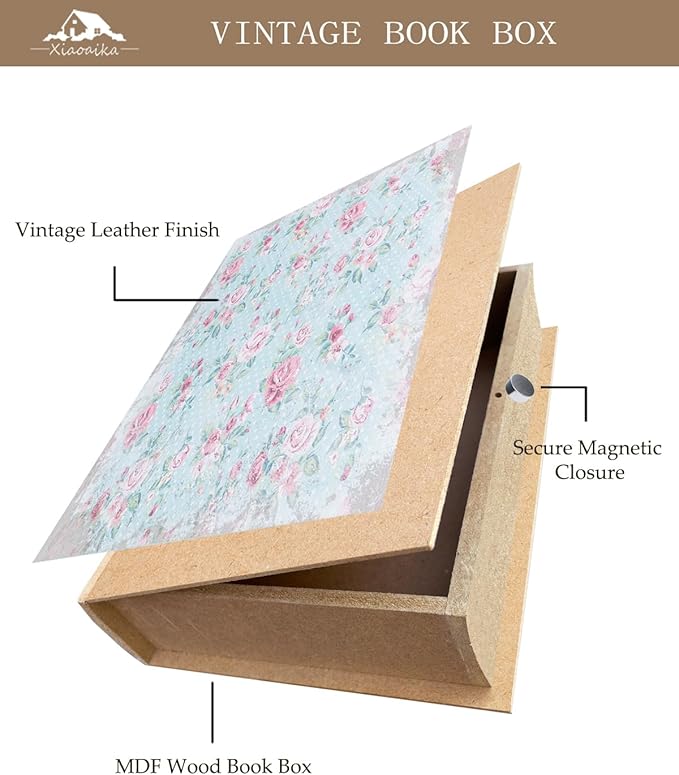 Wooden Book Box Set of 3 with Magnetic Closure and Vintage Floral Pattern Leather Cover Design, Non-Woven Fabric Interior, Decorative Secret Storage for Bookshelves and Home Office