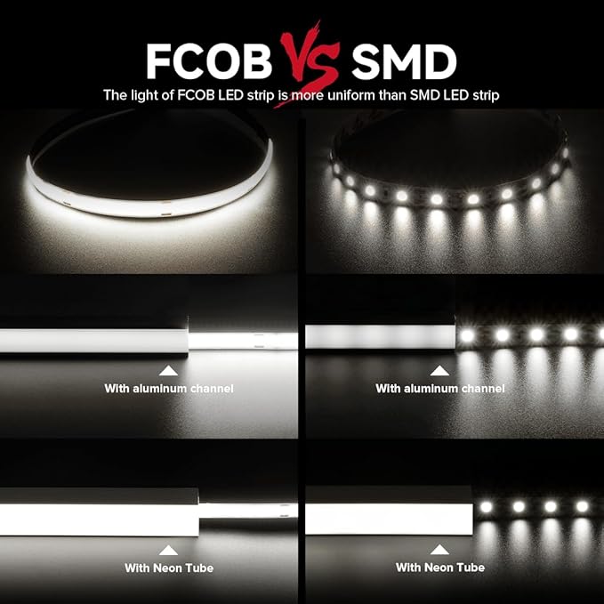 BTF-LIGHTING FCOB COB LED Strip Flexible High Density Uniform Light 9W/m 32.8FT DC24V Daylight White 5000K 480LEDs/m CRI 90+ 8mm Width Dimmable LED Ribbon for Indoor Decor(No Adapter or Controller)