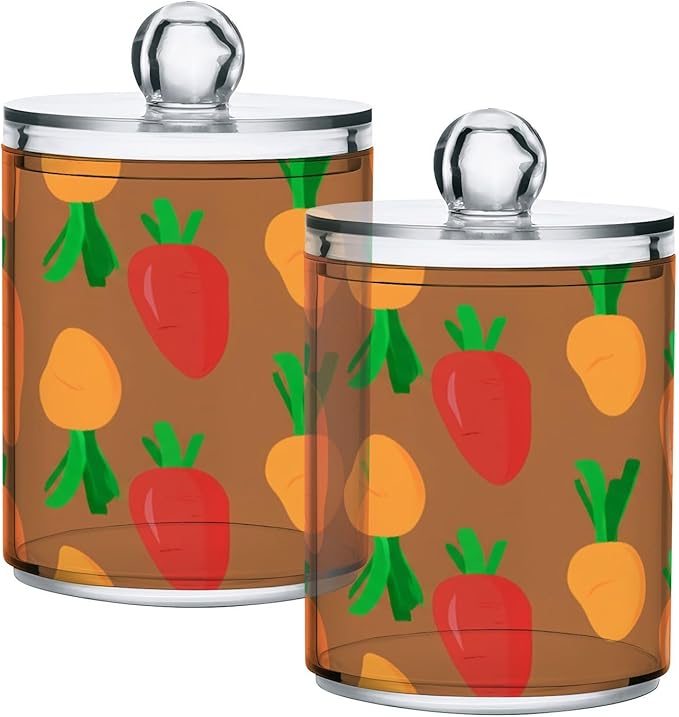 Nander 2Pack Carrot Qtip Holder Dispenser -Clear Plastic Apothecary Jars Set - Restroom Bathroom Makeup Organizers Containers for Cotton Swab, Ball, Pads, Floss