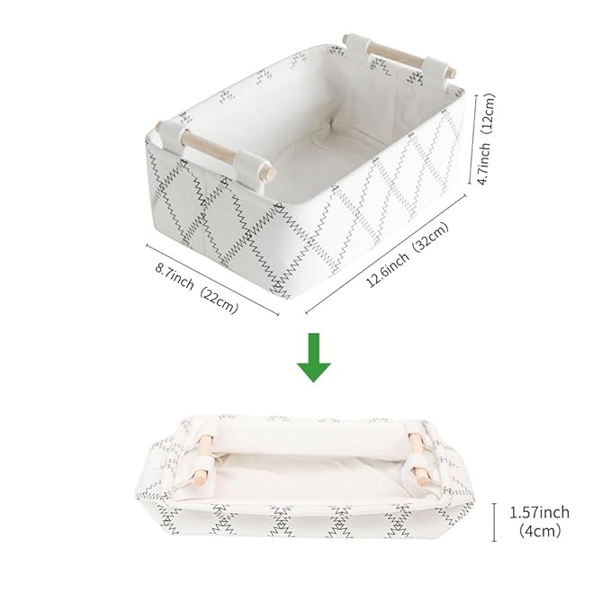 Decorative Collapsible Rectangular Fabric Storage Bin Organizer Basket with Wooden Handles for Clothes Storage,12.6x8.7x4.7 inch,White