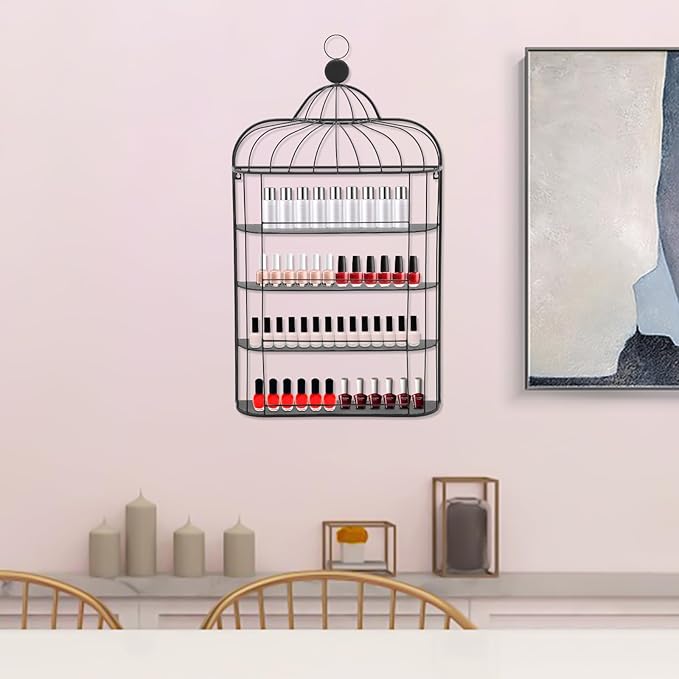 4-Tier Nail Polish Wall Racks 20 * 37 Inch Hold Up to 200 Bottles Birdcage Iron Nail Polish Shelf Organizer Wall Mounted 4 Rows (Black)
