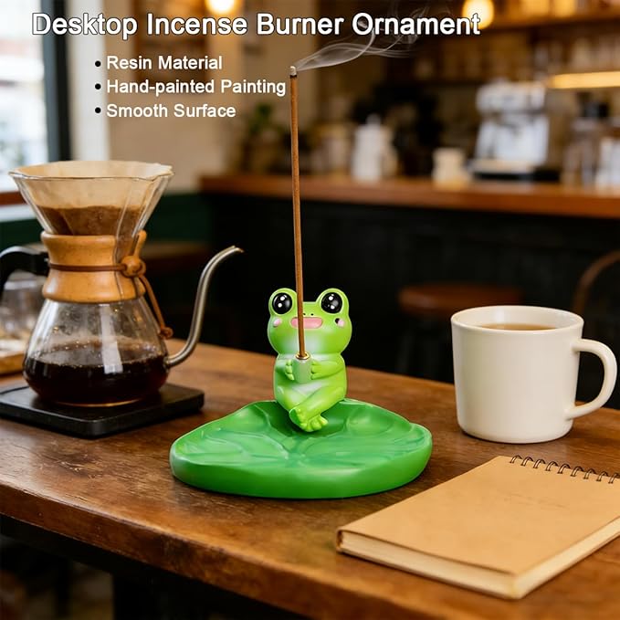 Frog Incense Holder Cute Animal Figurine Incense Burner Ash Catcher Creative Cartoon Resin Frog Green Lotus Leaf Base Statue for Home Room Decor Meditation Yoga Spa