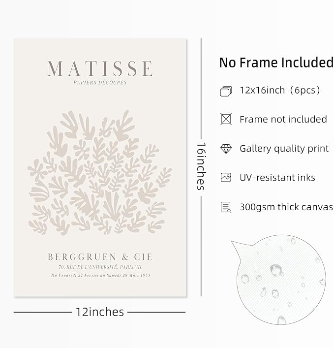 Youillne Henri Matisse Wall Art Prints Flower Abstract Canvas Pictures Aesthetic Beige Wall Art Decor Matisse Picasso Poster Gallery Vintage Painting Artwork for Bedroom 12x16 Inch Unframed Set of 6