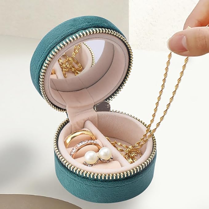 Mini Small Travel Jewelry Case With Mirror - Compact Velvet Organizer Box, Portable Clutch Earrings/Rings/Necklaces Premium Storage, Bridesmaid/Girlfriend Gift for Make up (Green)
