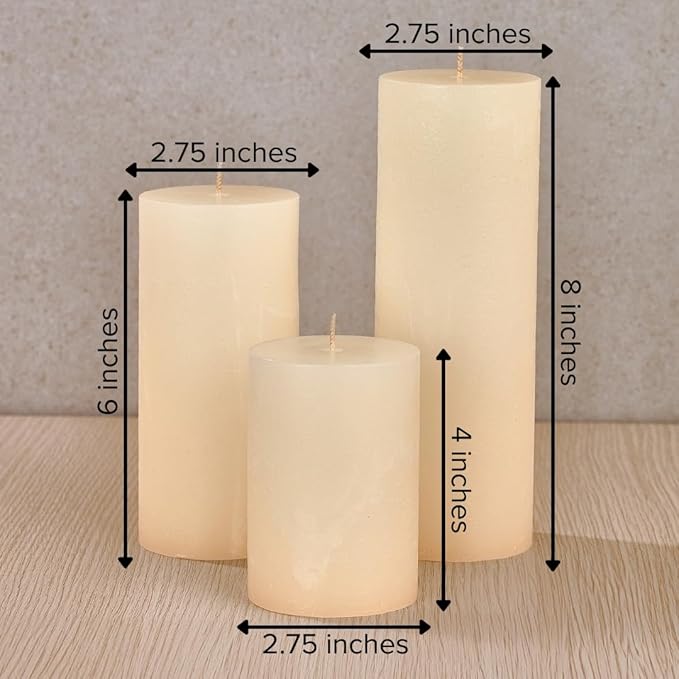 Simply Soson 3x4, 3x6, 3x8 inch Ivory Pillar Candles, Set of 3 Pillar Candles, Rustic Texture, Unscented Ivory Candles, Dripless Candles, Ideal as Wedding, Parties, Spa, Dinner, Home Decor, Church