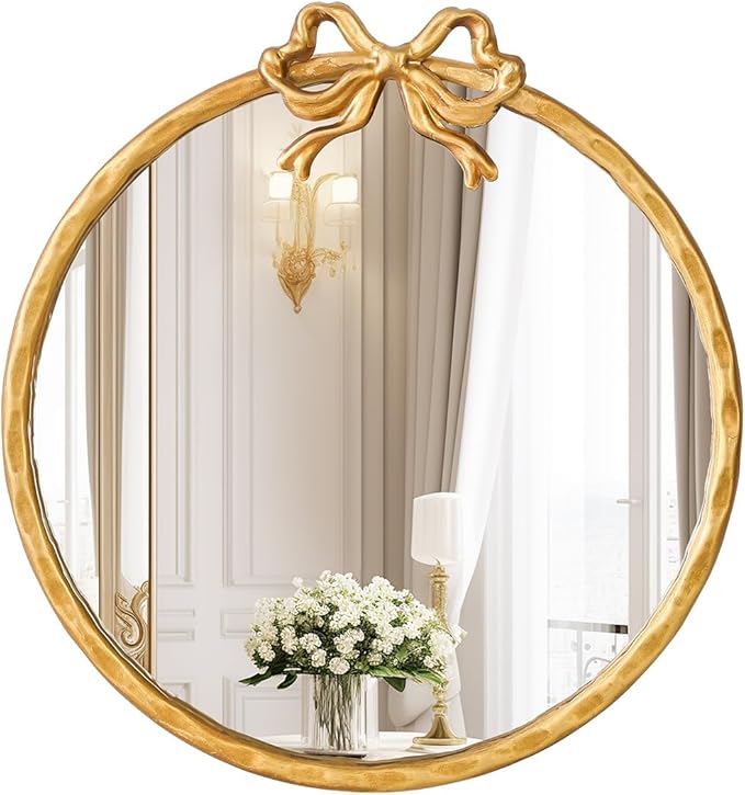 12 Inch Round Gold Mirror, Vintage Gold Mirror, Round Mirrors for Wall Decor, Antique Ornate Metal Circle Mirror with Baroque Bow for Bathroom Vanity Bedroom, Spring Women's Gift