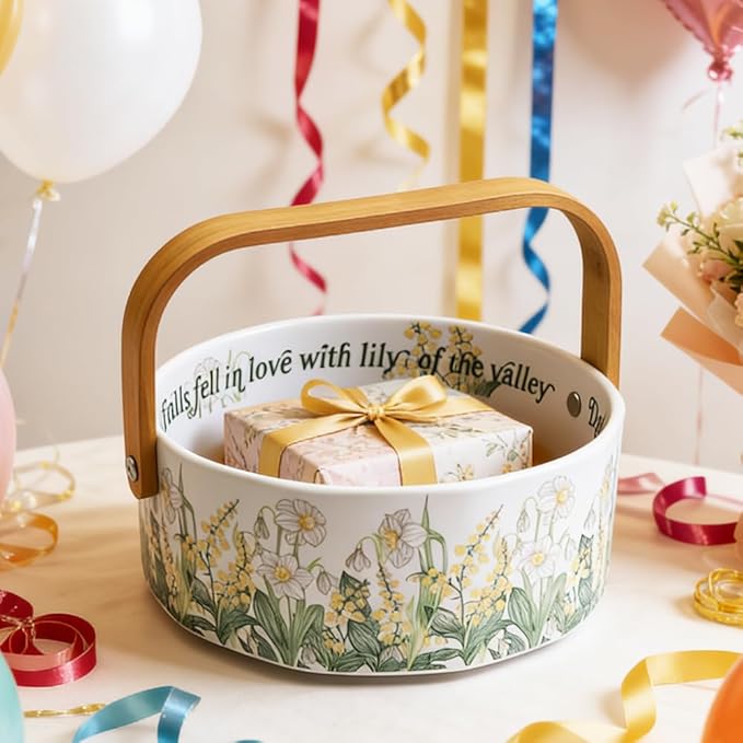 Ceramic Fruit Basket with Detachable Wooden Handle Candy Dish Decorations Ornaments Decorative Bowl Home Kitchen & Dining Table Office Decor(Yellow Bellflower)