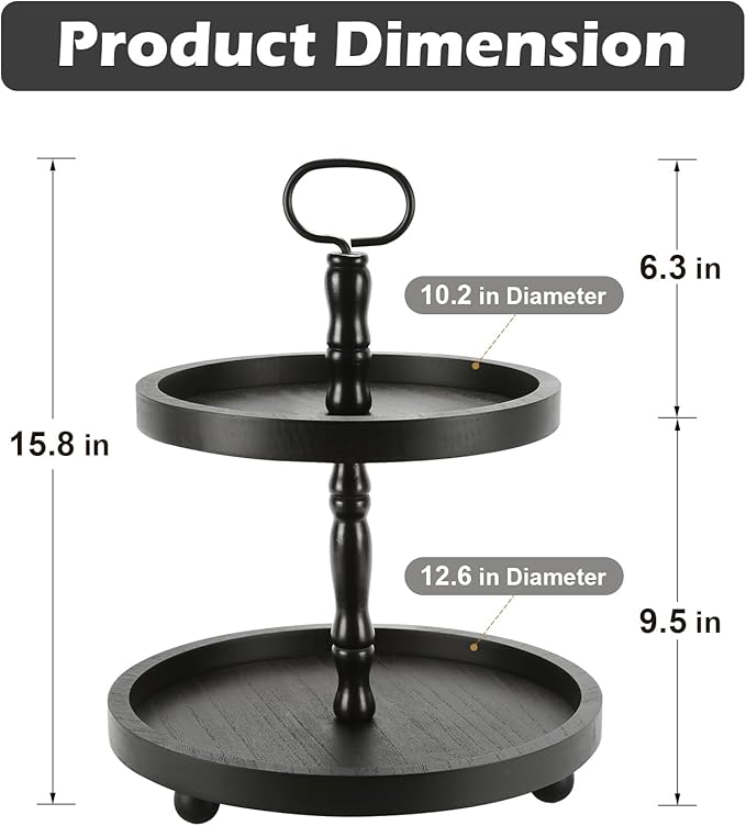 Wooden Two Tiered Tray Stand, Farmhouse Round 2 Tier Decorative Tray for Home Kitchen Table Decor, Serving Tray for Coffee Bar Party Weddding Holiday Decorations Fruits and Cupcake Display (Black)