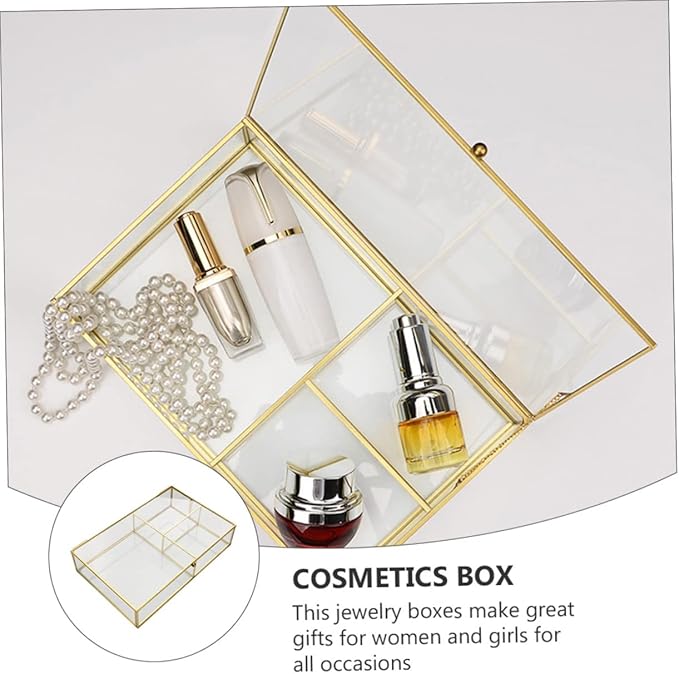 Healeved Jewelry Storage Box Glass Lid Cosmetics Organizer Makeup Holder for Necklace Earring Ring for Women Girls Wedding Valentine's Day