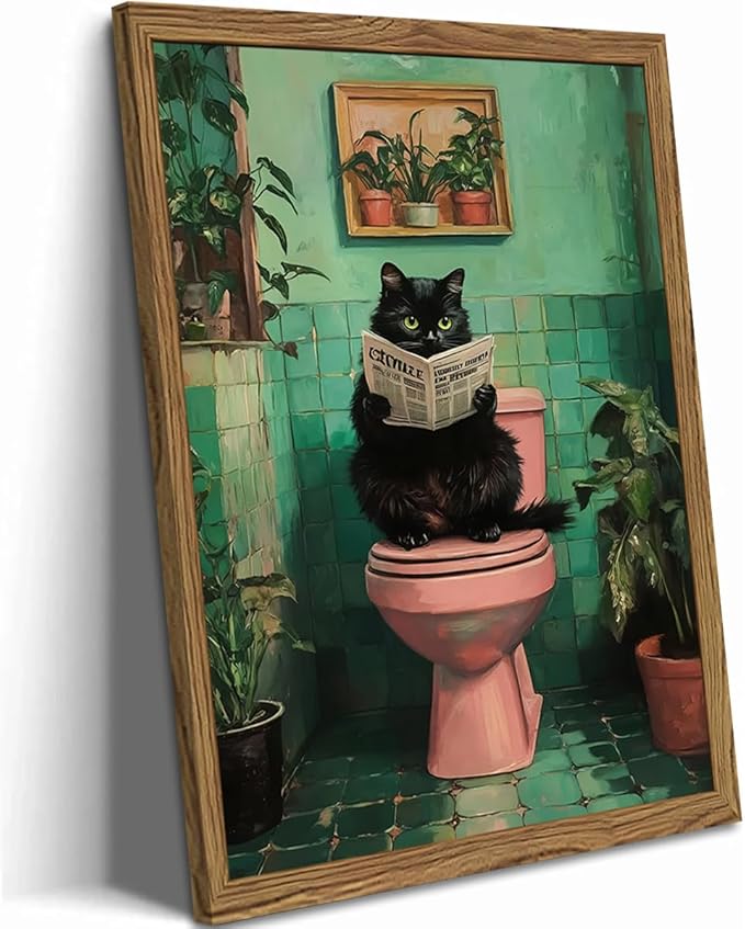 Funny Bathroom Cat Wall Art, Humorous Black Cat Restroom Wall Decor Paintings, Funky Animal on Toilet Reading Newspaper Canvas Prints Artwork 16x24 inch Wood Framed