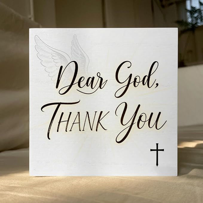 Christian Wooden Box Sign5x5 Inch - "Dear God, THANK YOU" Rustic Christian Home Decor, Farmhouse Style Shelf Desk Table Decoration for Bathroom Living Room