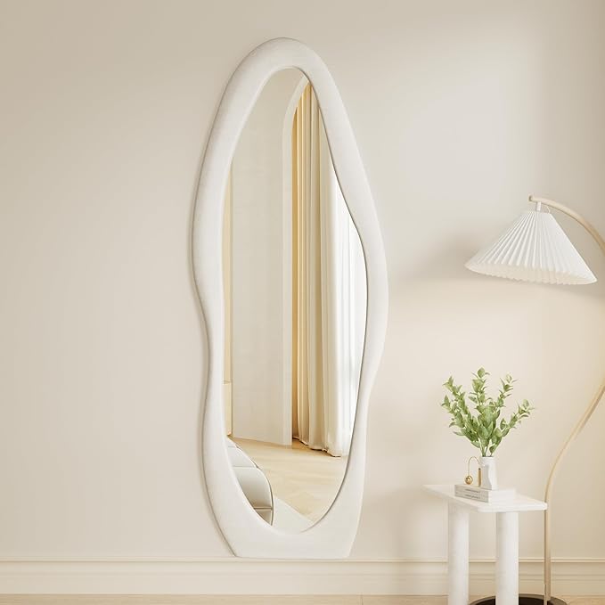 Rowjut Full Length Mirorr, 63"x24" Mirror Full Length, Irregular Wall Mounted Mirror, Standing Floor Mirror with Flannel, Wavy Body Mirorr Hanging or Leaning Against Wall for Bedroom (White)