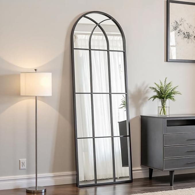 Rowjut Black Full Length & Floor Mirror 71" x 32" Window/Wall Decorative Mirrors, Iron Framed Window Pane Mirror, Arched Top Wall Mirror for Entryway Living Room, Bedroom, Fireplace (Black)