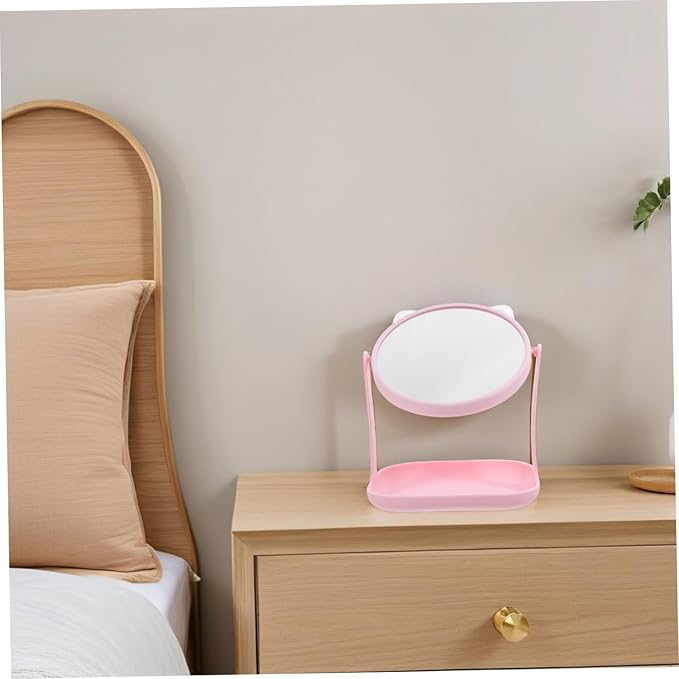 Cat Ear Makeup Mirror Storage Tray Rotatable HD Desktop Cosmetic Mirror for Girls Multifunctional Makeup Organizer for Vanity