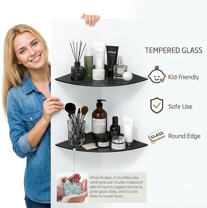 Glass Corner Shelf, 2-Pack Heavy Duty Tempered Glass Bathroom Shelf with SUS 304 Stainless Steel Brackets Wall Mounted Floating Shower Shelves for Shampoo Soap Drilling Installation