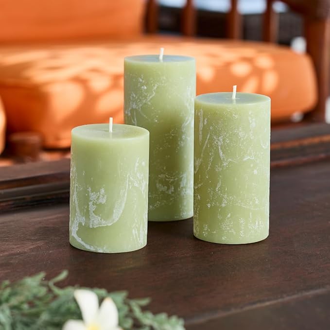 Green Scented Pillar Candles Set of 3, 3x4, 3x5, 3x6 Green Candles, Sage Pilar Scented Candle, Ideal as Wedding, Parties, Spa, Dinner, Home Decor, Church