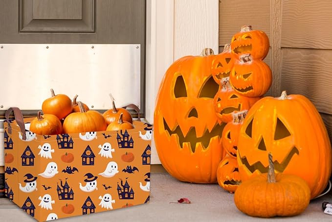 Essme Rectangular Halloween Basket,Kids Baskets Empty with Handles,Cute Baskets for Kids Halloweens Room Decor,Boys and Girls, Candy Basket(Yellow Castle Ghost)