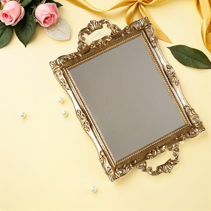 BESPORTBLE Retro Carved Golden Mirror Tray Resin Storage Decorative Plate Nordic Style Wedding Makeup Vanity Organizer for Cosmetics and Room Décor