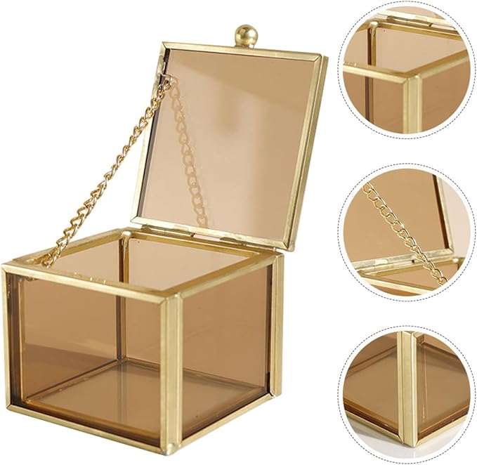 Toyvian Glass Jewelry Box Square Yellow with Lid Small Glass Jewelry Holder Decorative Cosmetic Organizer for Home Storage