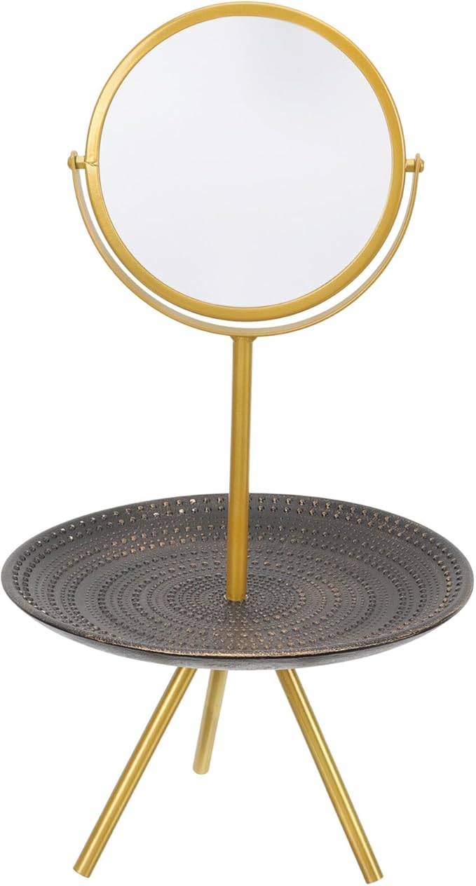 CLISPEED Makeup Mirror with Jewelry Tray Rotatable Tabletop Mirror for Bedroom, Gold Finish Vanity Cosmetic Organizer for Women