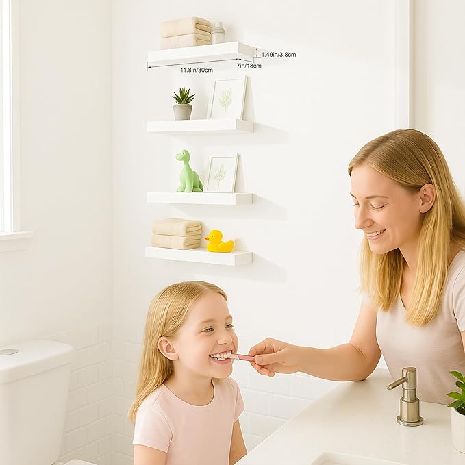 Floating Shelves for Wall, Bathroom Shelves Over Toilet, Wall Shelves & Book Shelf for Room, Hanging Shelf, Modern Wooden Wall-Mounted Small Floating Shelves, 12x7x1.5 in (White, Set of 4)