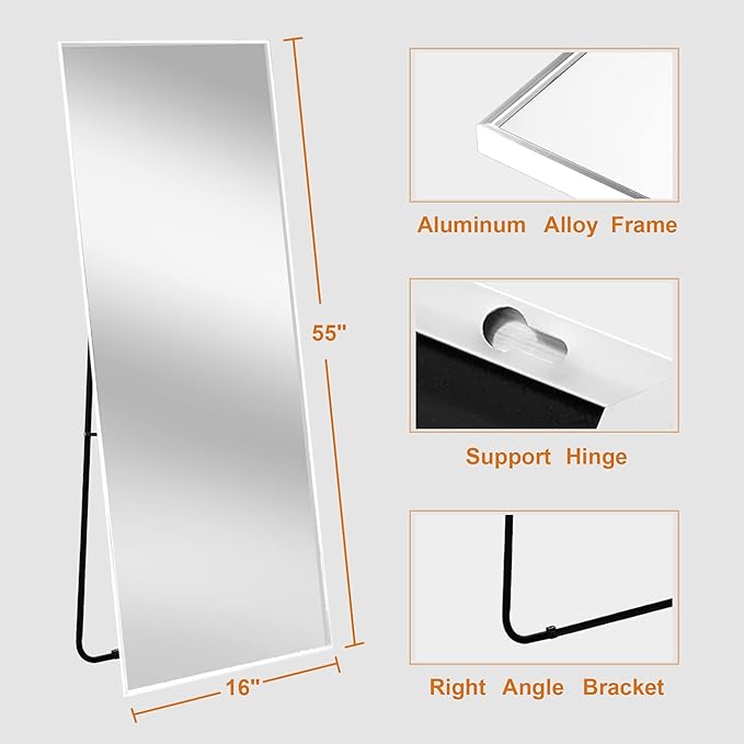 NeuType Full Length Mirror, 55"x16" Full Body Mirror with Stand Floor Mirror Full Length Standing Mirror Wall-Mounted Mirror Hanging or Leaning Against Wall Aluminum Alloy Thin Frame (White)