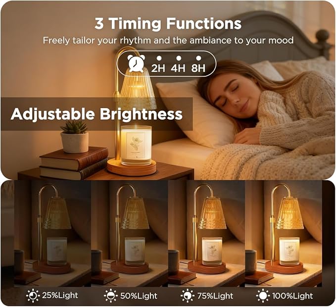 Candle Warmer Lamp with Timer, 4-Levels Dimmable Electric Wax Melter, Adj.Height for Jar Candles, Mother's& Father's&Christmas Day&Birthday Gift Ideas for Women/Friends/Wife (Elegant Golden)