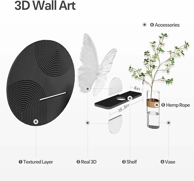 3D Black and White Butterfly Wall Art Decor for Living Room, Modern Minimalist Textured Artwork for Walls with Vase, Geometric Round Sandstone Wall Decor for Dining Room Hallway Bedroom Office