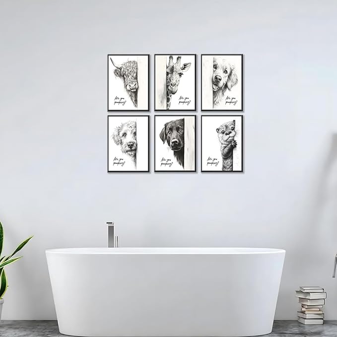 Funny Bathroom Wall Art Black and White Bathroom Posters Decor Rustic Donkey and Cow Pictures Wall Decor Funny Animal Peeking Canvas Art Prints for Toilet/Bedroom Unframed 8x10 inches x 6 pieces