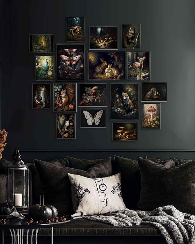 KBKBART Dark Cottagecore Room Decor Aesthetic Set of 17, Cottage Core Wall Decor, Dark Academia Cottagecore Decor Woodland Forest Nature Wall Art Prints, Vintage Mushroom Decor Poster Animal Pictures for Bedroom Dorm Wall Decor- UNFRAMED