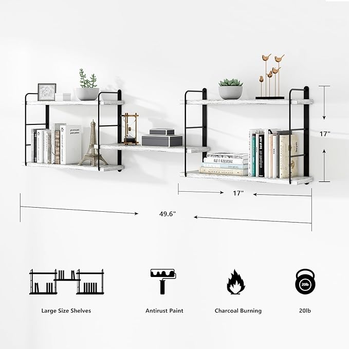 MXCSE Wall Shelves, Wall Mounted Bookshelves, DIY Floating Shelves for Wall, Wood Hanging Book Shelves for Room, Bedroom, Living Room, Easy Installation (Washed White, 50W x 17H)