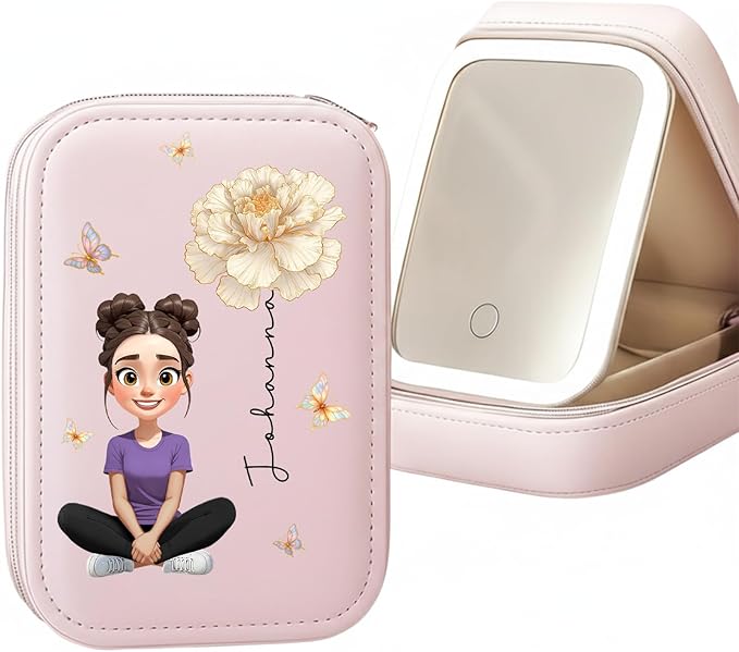 WANDERPRINT Personalized Floral Makeup Box with LED Mirror – Custom Name Birth Month Flower Jewelry Organizer, Travel Cosmetic Case Gift for Women & Girls on Christmas Birthday (Birth Month Girl 1)